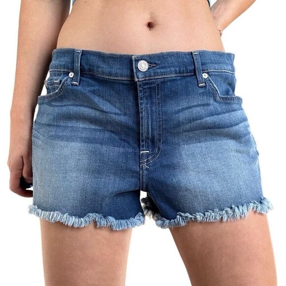 New 7 for All Mankind Blue Cut Off Jean Shorts Women Plus Size 32 Raw Hem Summer - Picture 10 of 10